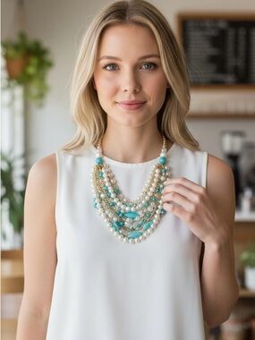Multi-strand Statement Bib Necklace Faux Pearl Turquoise Howlite Gold-tone Beads